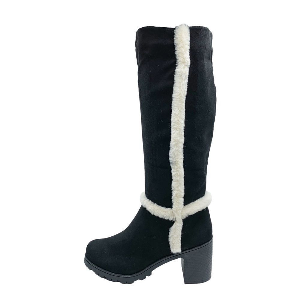 Weeboo Black Faux Suede Allie-1 Chunky Heel Boot w/Fur Trim